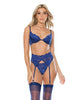 Załaduj obraz do przeglądarki galerii, Scallop Stretch Lace, Satin, & Mesh Bra, Garterbelt & Thong Navy XL