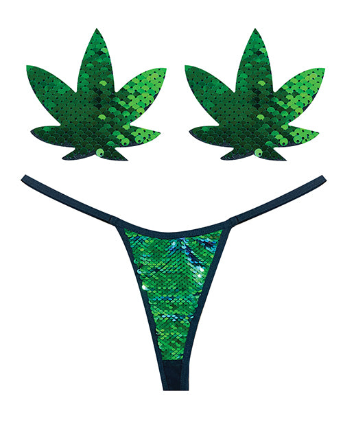 Lataa kuva gallerian katseluohjelmaan, Neva Nude Naughty Knix Weed Leaf Sequin G-String & Pasties - Green O/S