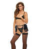 Load image into Gallery viewer, Bombshell Boudoir Lace V Wire Open Cup Bra, Garter Skirt & G-String Black MD