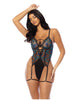 Load image into Gallery viewer, Lola Unlined Underwire Embroidered Teddy w/Attached Garter Stays - Black SM