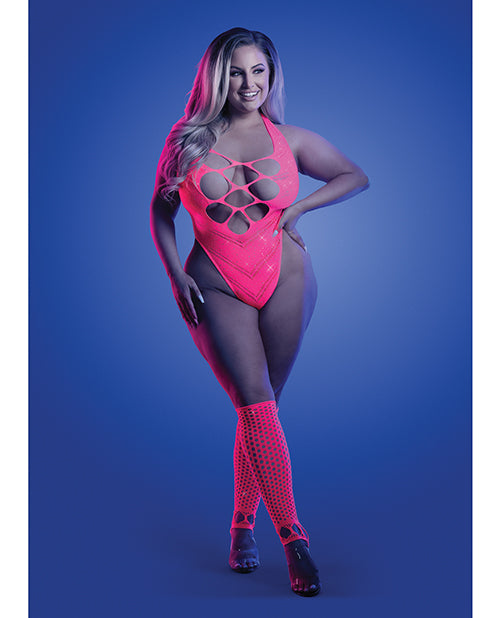 Lataa kuva gallerian katseluohjelmaan, Glow Flashback UV Reactive Rhinestone Teddy With Gloves Or Leg Warmers Neon Pink