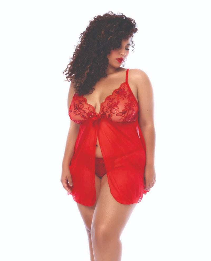 Indlæs billede i gallerifremviser, Sequin Embellished Babydoll w/G-String - Red 3X/4X