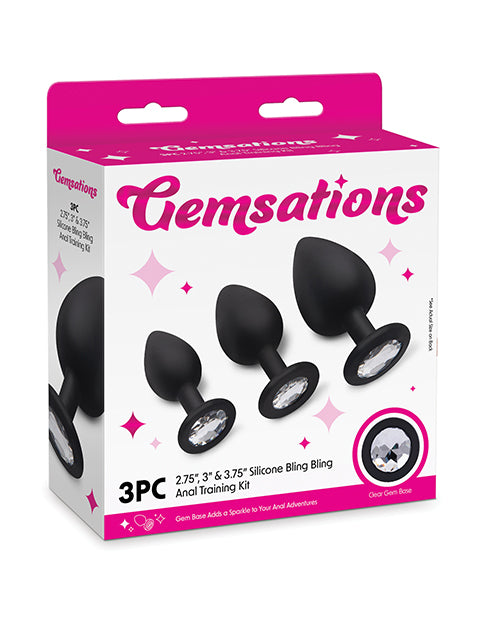 Bild in den Galerie-Viewer laden, Gemsations 3 pc 2.75" & 3.15" & 3.7" Silicone Bling Bling Butt Plug Training Set - Black