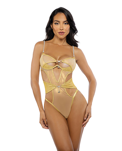 Indlæs billede i gallerifremviser, Gilded Beauty Metallic Shimmer Mesh Teddy w/Rhinestone Accents - Gold SM