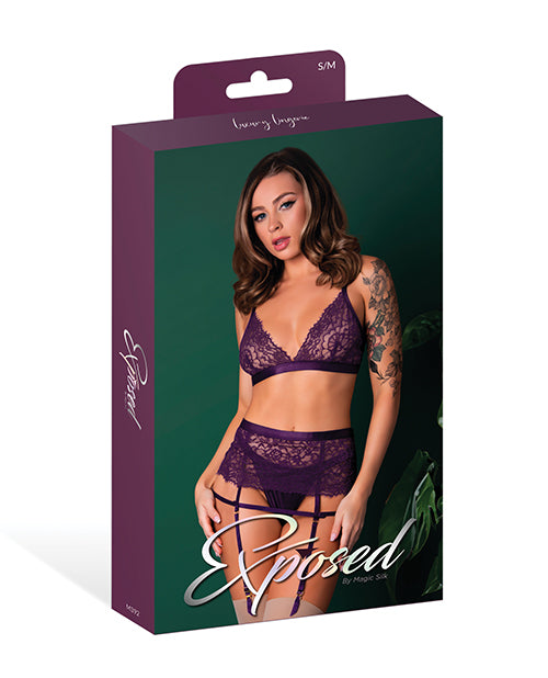 Charger l'image dans la visionneuse de la galerie, Leather & Lace Stretch Mesh and Lace Bralette w/Garter & Thong 3 pc Set - Plum S/M