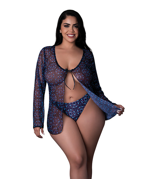 Bild in den Galerie-Viewer laden, Hazy Dayz Butterfly Blacklight Reflective Tie Front Top & Thong 2 pc Set - Black Multi QN