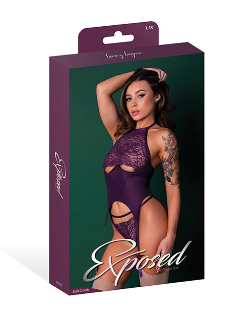 Bild in den Galerie-Viewer laden, Leather & Lace Stretch Mesh and Lace Underboob Cutout Corset & Panty 2 pc Set - Plum S/M