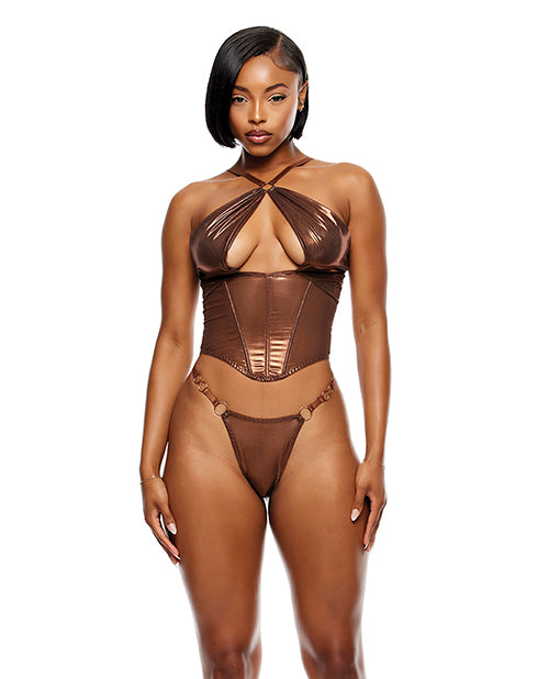 Charger l'image dans la visionneuse de la galerie, Liquid Metal Metallic Mesh Bustier w/G-String 2 pc Set - Metallic Copper LG