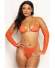 Load image into Gallery viewer, Floral Lace Halter Triangle Top w/Thong & Gauntlet Gloves 3 pc Set - Tangerine O/S