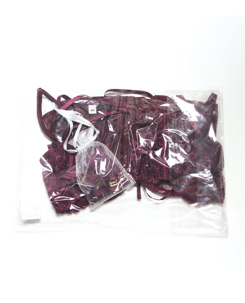 Load image into Gallery viewer, Stretch Scallop Lace Underwire Bra w/Garter & Satin G-String 3 pc Set - Mauve Plum MD