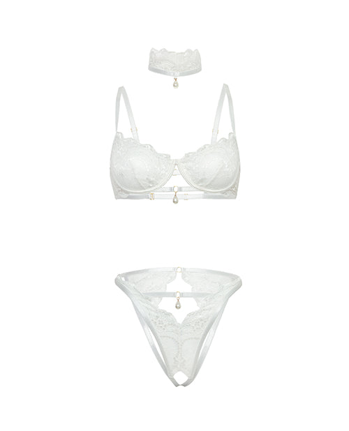 Carica l'immagine nel visualizzatore Galleria, Pearla Lace Underwire Bra & Open Back Panty w/Matching Collar 3 pc Set - White L/XL
