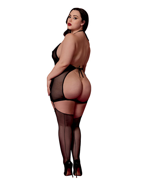 Load image into Gallery viewer, Stretch Mesh and Faux Leather Gartered Chemise w/Removable Flogger - Black QN