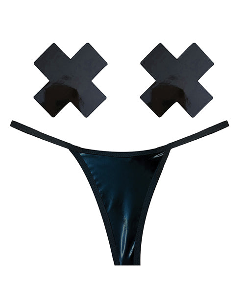 Charger l'image dans la visionneuse de la galerie, Neva Nude Naughty Knix Dom Squad Wet Vinyl G-String & Pasties - Black O/S