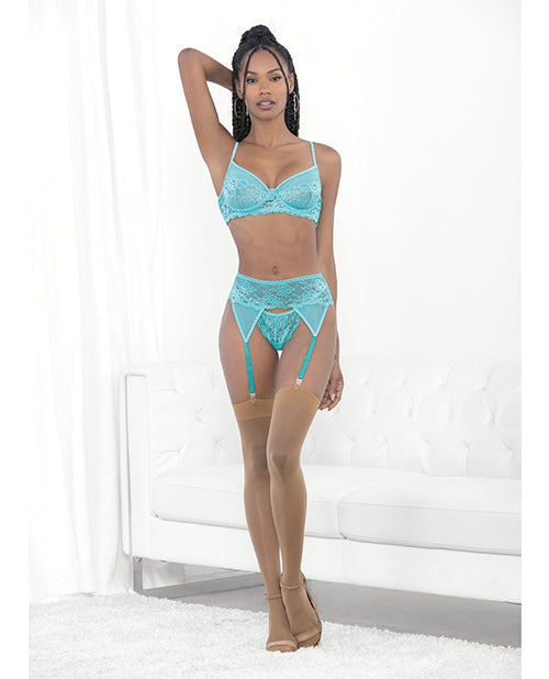 Charger l'image dans la visionneuse de la galerie, Lace & Mesh Underwire Bra, Garterbelt & G-String Malibu Blue MD