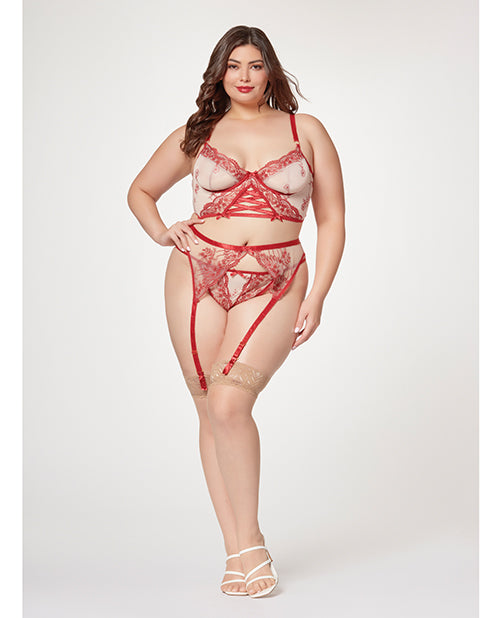 Cargue la imagen en el visor de la galería, Sheer Stretch Mesh w/Floral Contrast Embroidery Bustier, Garter Belt & Thong Red/Nude 1X/2X