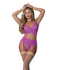 Load image into Gallery viewer, Butterfly Fantasies Cross Over Bralette w/Thong and Garter 3 pc Set - Neon Purple L/XL
