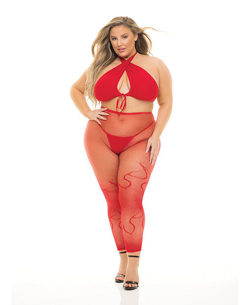 Cargue la imagen en el visor de la galería, Pink Lipstick Gives You Hell Halter Bra, Pantyhose & G-String Red QN