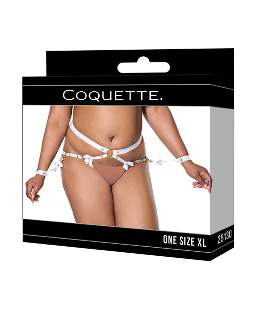 Carica l'immagine nel visualizzatore Galleria, Satin Ribbon w/Elastic Harness & Cuffs Set - White/Gold QN