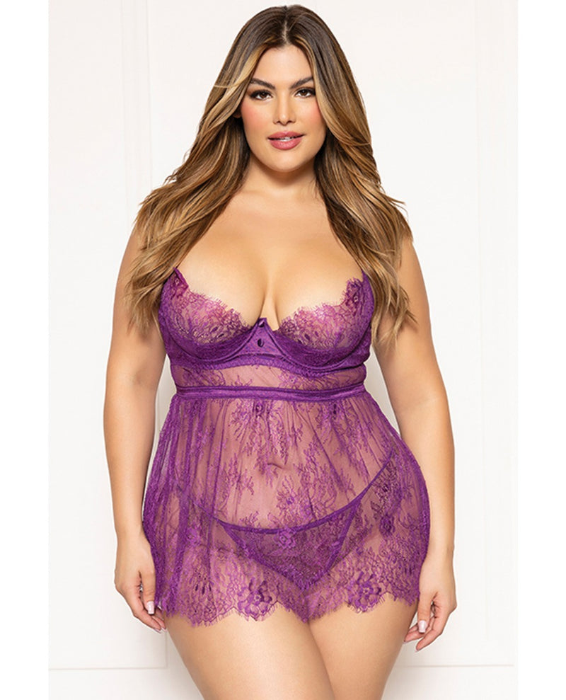 Load image into Gallery viewer, Floral Eyelash Lace Underwire Babydoll And Thong Set Purple 1X 2X