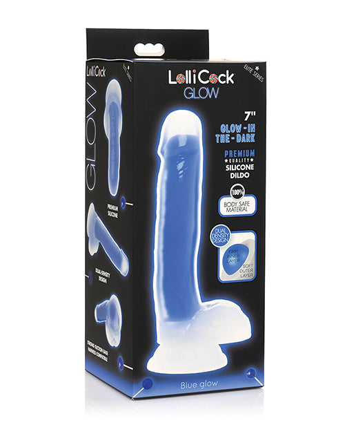 Lataa kuva gallerian katseluohjelmaan, Curve Toys Lollicock 7" Glow In The Dark Silicone Dildo w/Balls - Blue