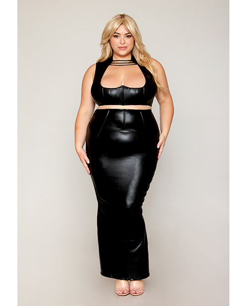 Φόρτωση εικόνας στο πρόγραμμα προβολής Gallery, Stretch Faux Leather Harness Bra & Long Slip Skirt - Black 1X