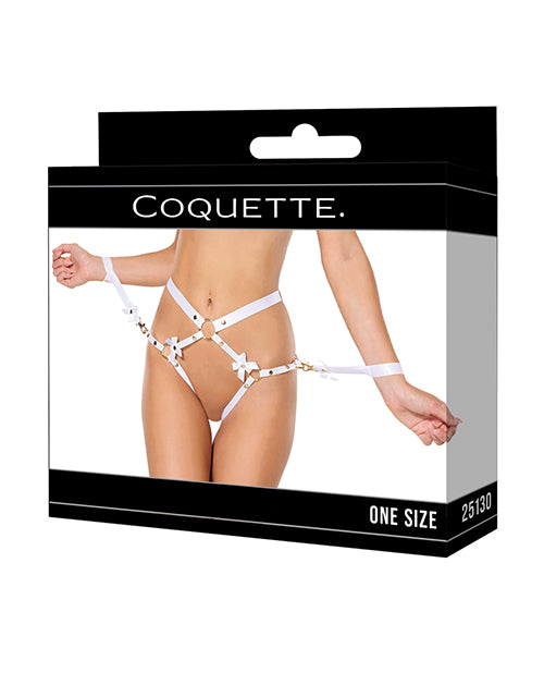 Afbeelding laden in Galerijviewer, Satin Ribbon w/Elastic Harness & Cuffs Set - White/Gold O/S