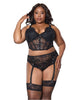 Cargue la imagen en el visor de la galería, Lace Bustier w/Padded Cups & Gartered Thong Panty 2 pc Set - Black 1X/2X