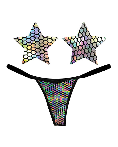 Bild in den Galerie-Viewer laden, Neva Nude Naughty Knix Mirrored Mayhem Holographic G-String & Pasties - Black O/S