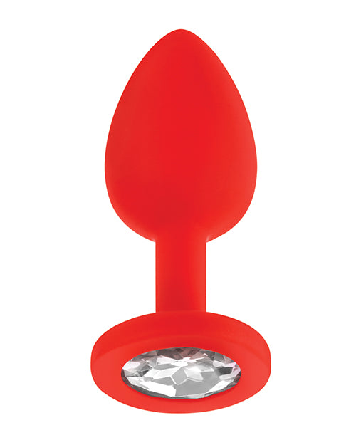 Afbeelding laden in Galerijviewer, Luv Inc Jeweled Silicone Butt Plug With Three Stones Small Red