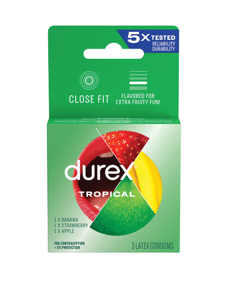 Load image into Gallery viewer, Durex Tropical Flavors Assorted Condoms Banana Strawberry Apple Orange Box Of 3