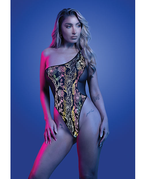 Load image into Gallery viewer, Luminescent Flash Reflective Floral Print One Shoulder Teddy Black S M