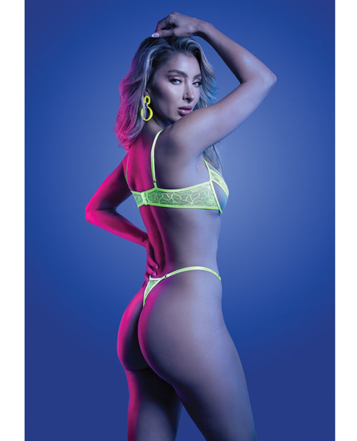 Cargue la imagen en el visor de la galería, Mind Control UV Reactive Lace Mesh Underwire Bra And Thong Neon Green