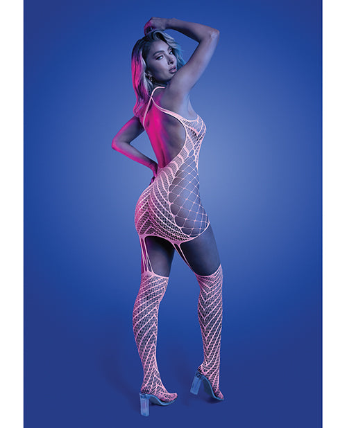 Load image into Gallery viewer, Metamorphic Glow In The Dark Bodystocking Dress Glows Pink White One Size