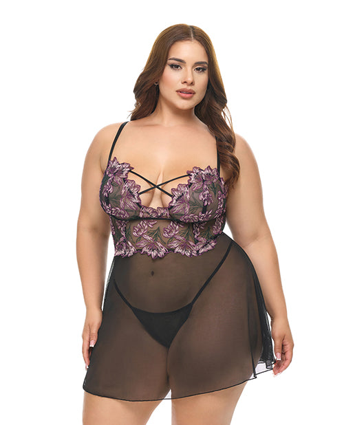 Bild in den Galerie-Viewer laden, Adela Embroidered Lace and Mesh Babydoll with G String 2 Piece Set Black Pink 1X