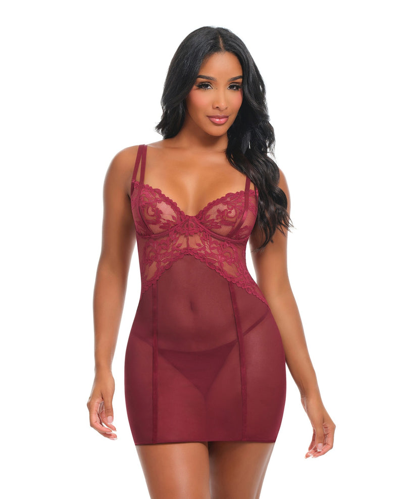Bild in den Galerie-Viewer laden, Marisol ungefüttertes Spitzen- und Mesh-Babydoll-Nachtwäsche-Set mit Bügeln, Zinfandel, Größe M