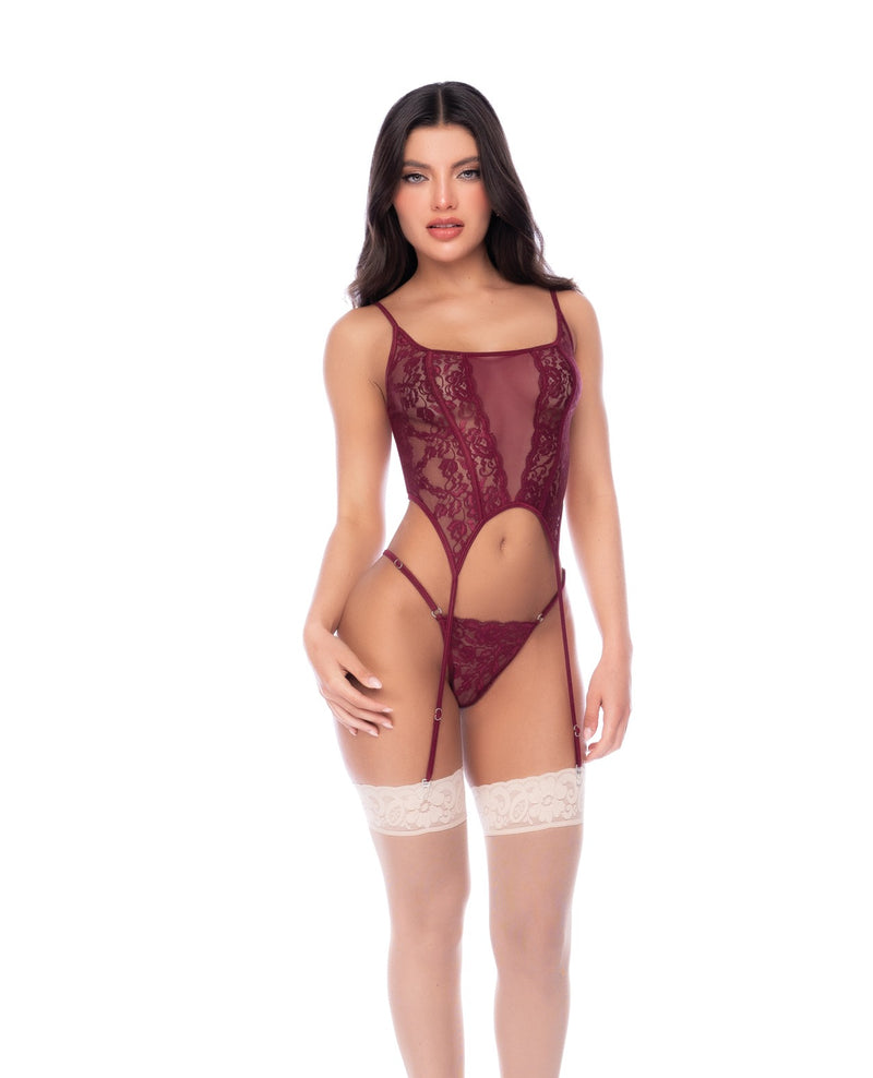 Charger l'image dans la visionneuse de la galerie, Ensemble haut en dentelle et résille transparente bordeaux avec jarretelles intégrées et string