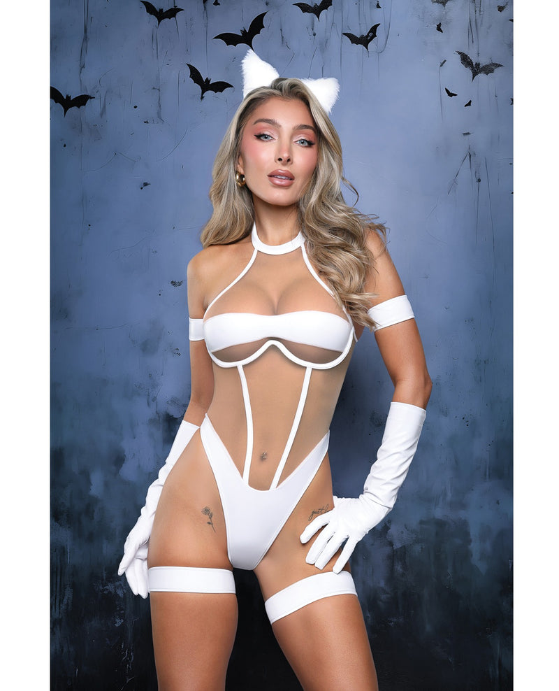 Cargue la imagen en el visor de la galería, Conjunto blanco de teddy de malla transparente Midnight Purr con guantes, ligas y orejas de gato
