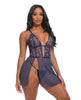Charger l'image dans la visionneuse de la galerie, Ensemble de lingerie babydoll bleu marine à fleurs brodées, décolleté en V plongeant et jarretières à chaînes