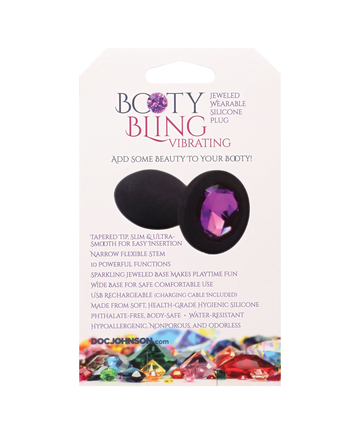 Plug vibratorio de silicona con joyas Booty Bling de 3 pulgadas, negro y morado, portátil