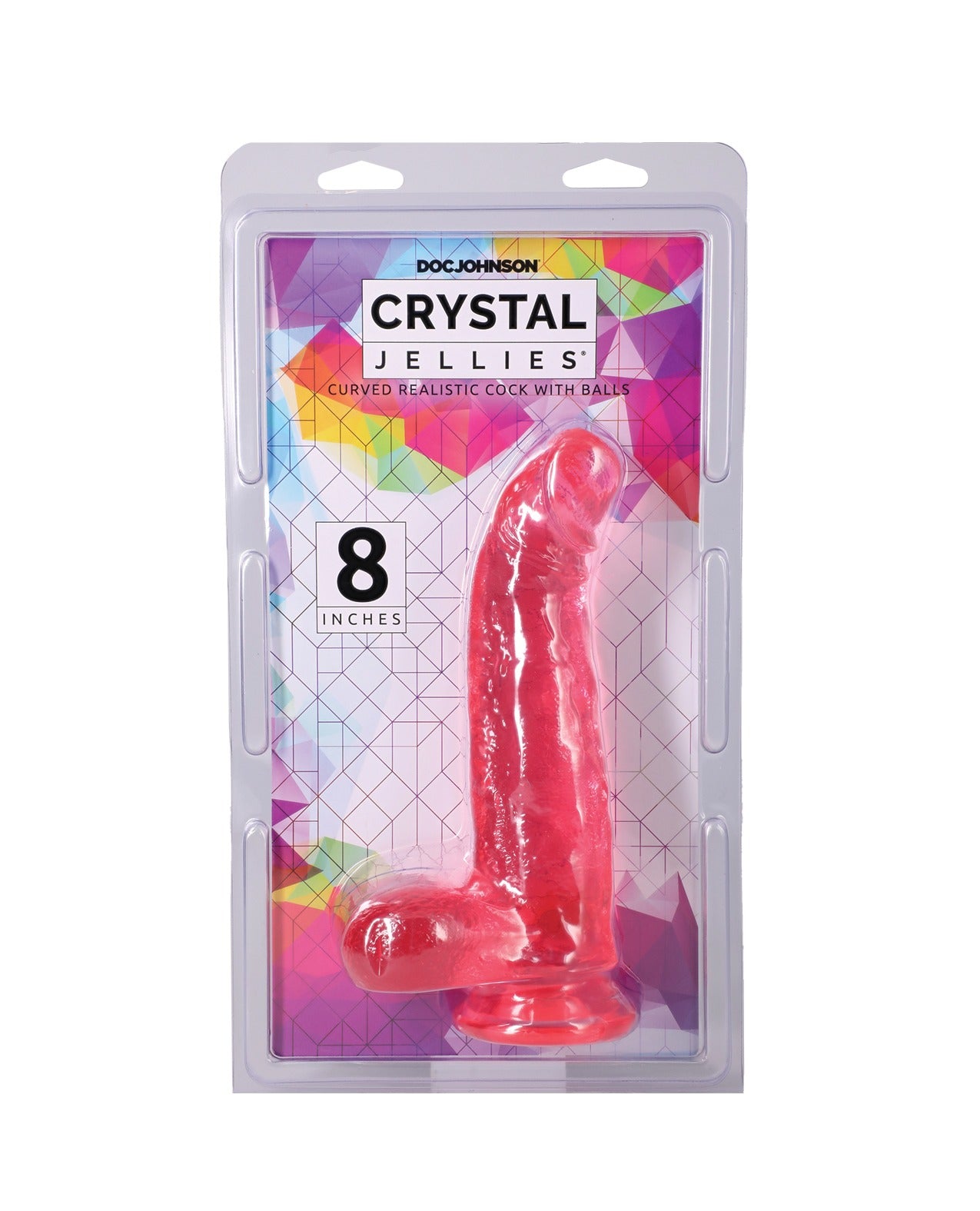Doc Johnson Crystal Jellies Pénis réaliste courbé de 8 pouces avec testicules Rose