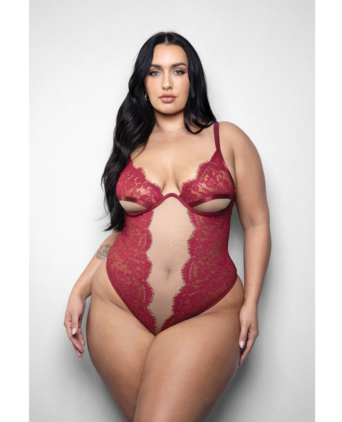 Plus Size Lace And Sheer Mesh Teddy With Underwire Red 3X