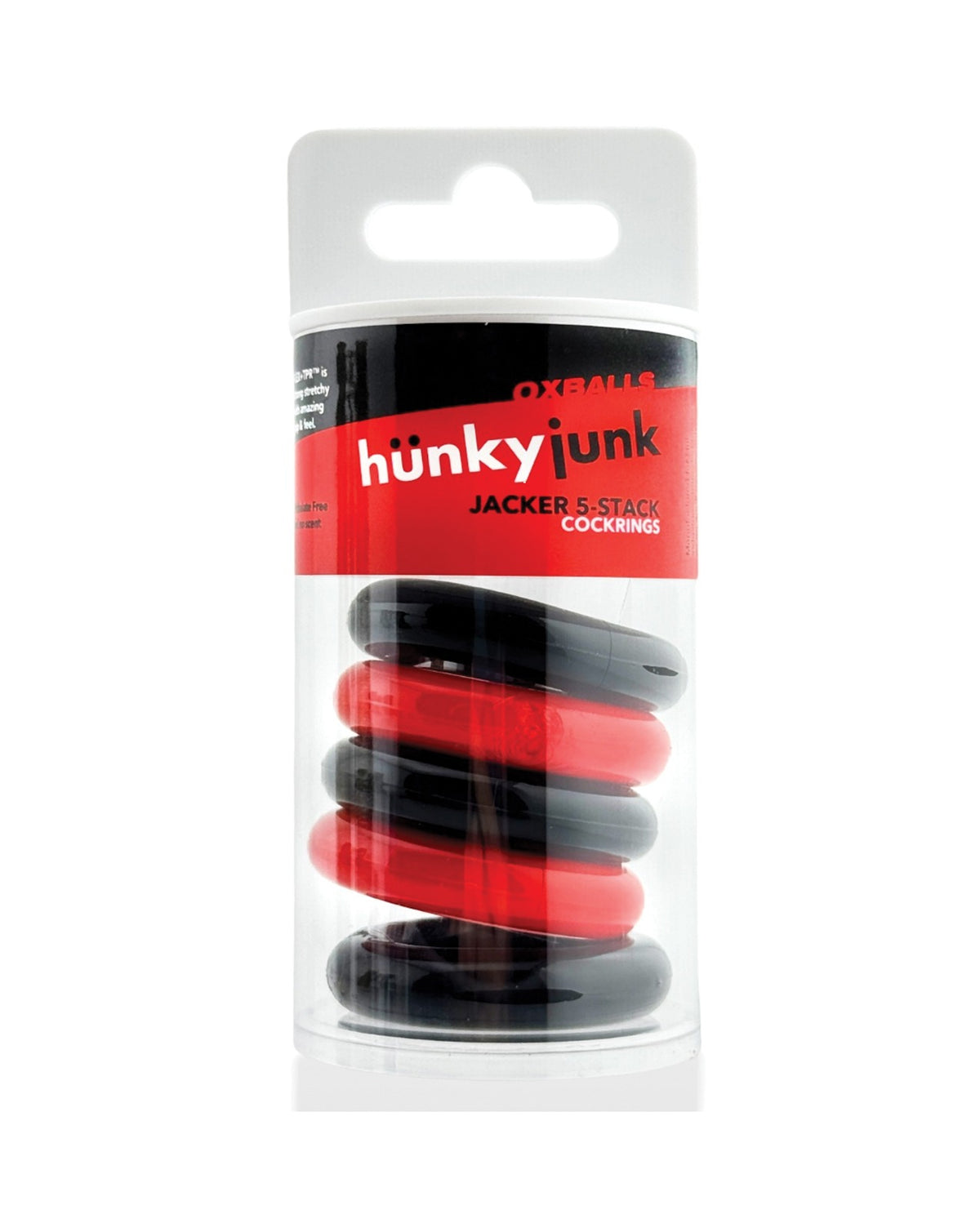 Hunky Junk Jacker 5 Pack Super Stretch Cockrings Soft Black And Red