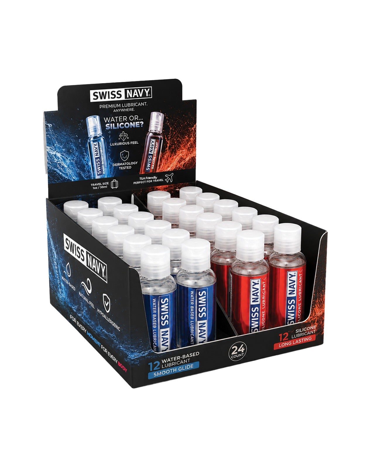 Swiss Navy Silicone And Water Based Lubricants TSA Friendly Display Of 24