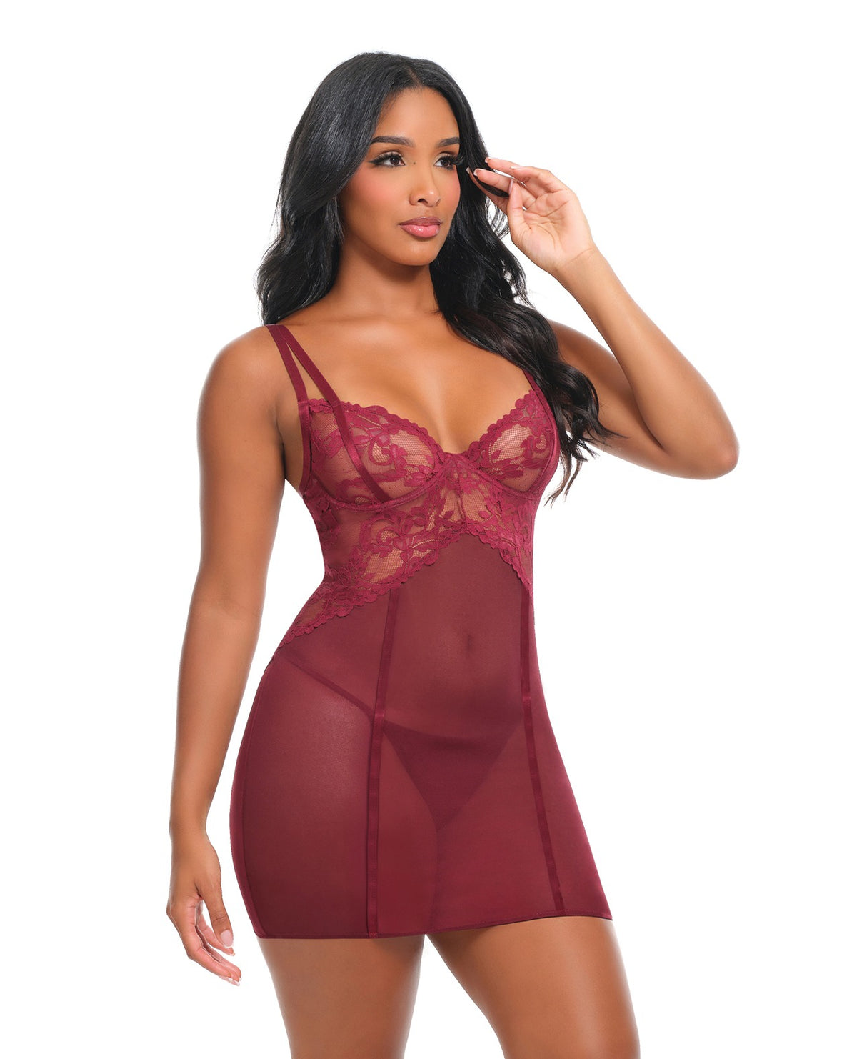 Marisol ungefüttertes Spitzen- und Mesh-Babydoll-Nachtwäsche-Set mit Bügeln, Zinfandel, Größe M