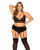 Cargue la imagen en el visor de la galería, Lace Underwire Bra, Thong &amp; Garterbelt w/Lace Up Detail Black 1X/2X
