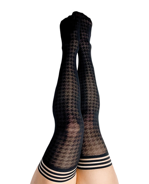 Kixies Meaghan Houndstooth Black Thigh High Stockings D