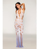Load image into Gallery viewer, Deep Plunge Halter Seamless Bodystocking Gown w/Lace and Fishnet - White/Lavender O/S

