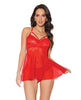 Cargue la imagen en el visor de la galería, Holiday Scallop Stretch Lace &amp; Mesh Babydoll &amp; Thong Red/Gold XL
