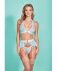 Lataa kuva gallerian katseluohjelmaan, Mercedes Cross Dyed Galloon Lace Strappy Halter Bra, Garter Skirt &amp; G-String Light Blue XL
