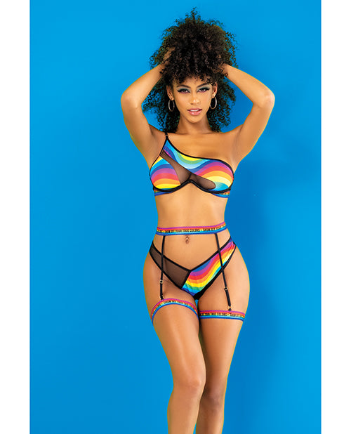 Conjunto Pride con Top de un Hombro, Liguero y Braguita Estampados Negros L/XL